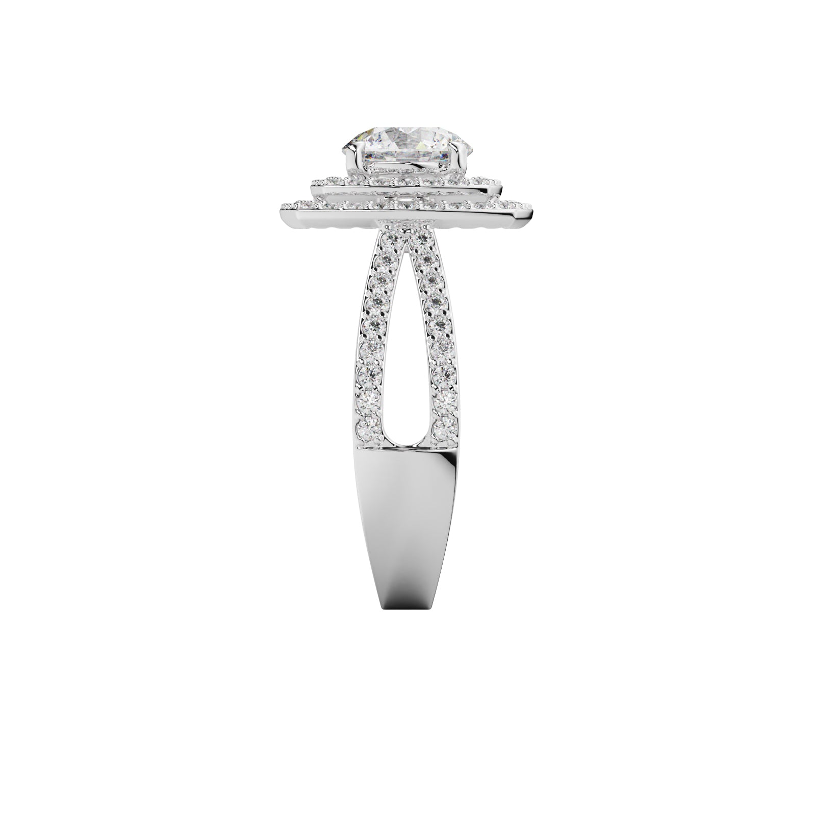 Double Halo Split Shank Engagement Ring