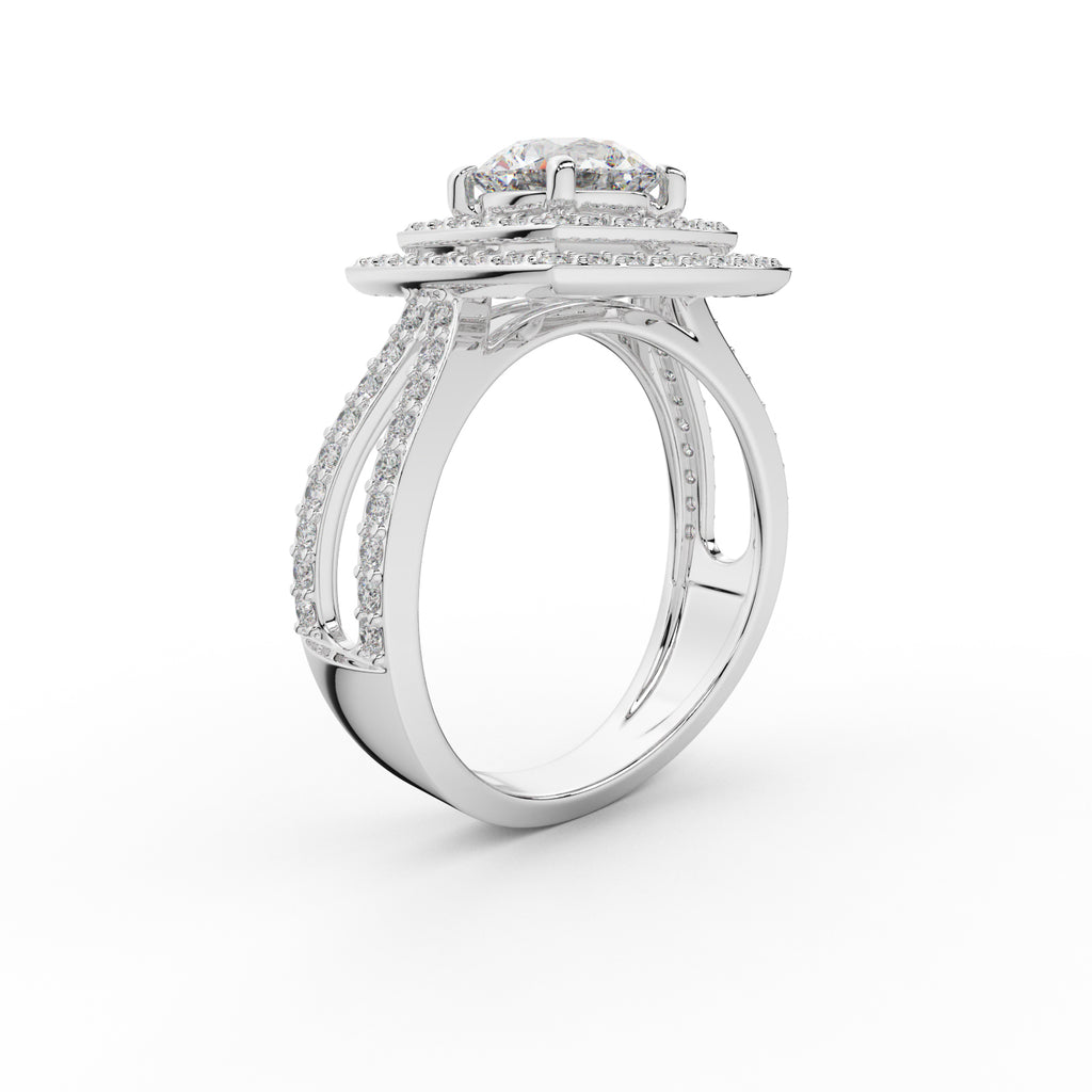 Double Halo Split Shank Engagement Ring
