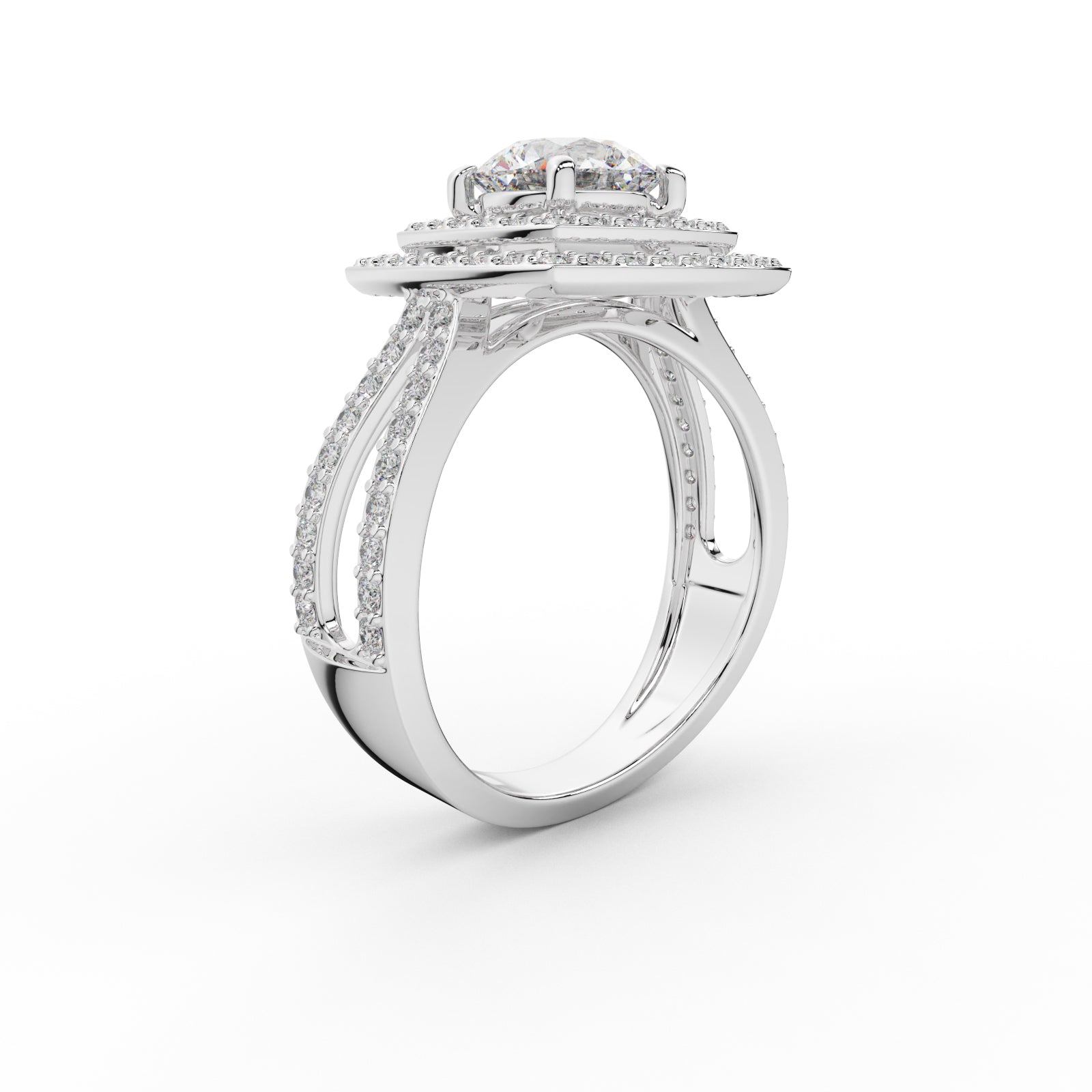 Double Halo Split Shank Engagement Ring