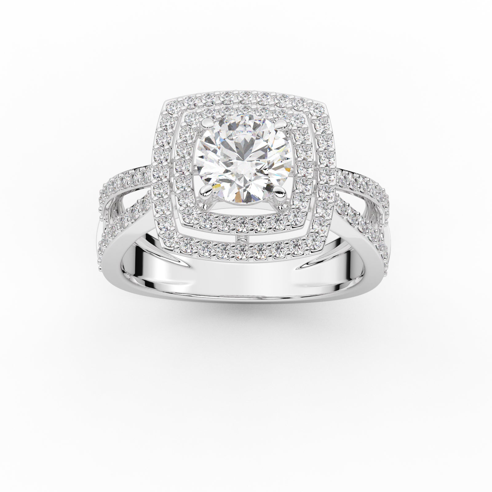 Double Halo Split Shank Engagement Ring