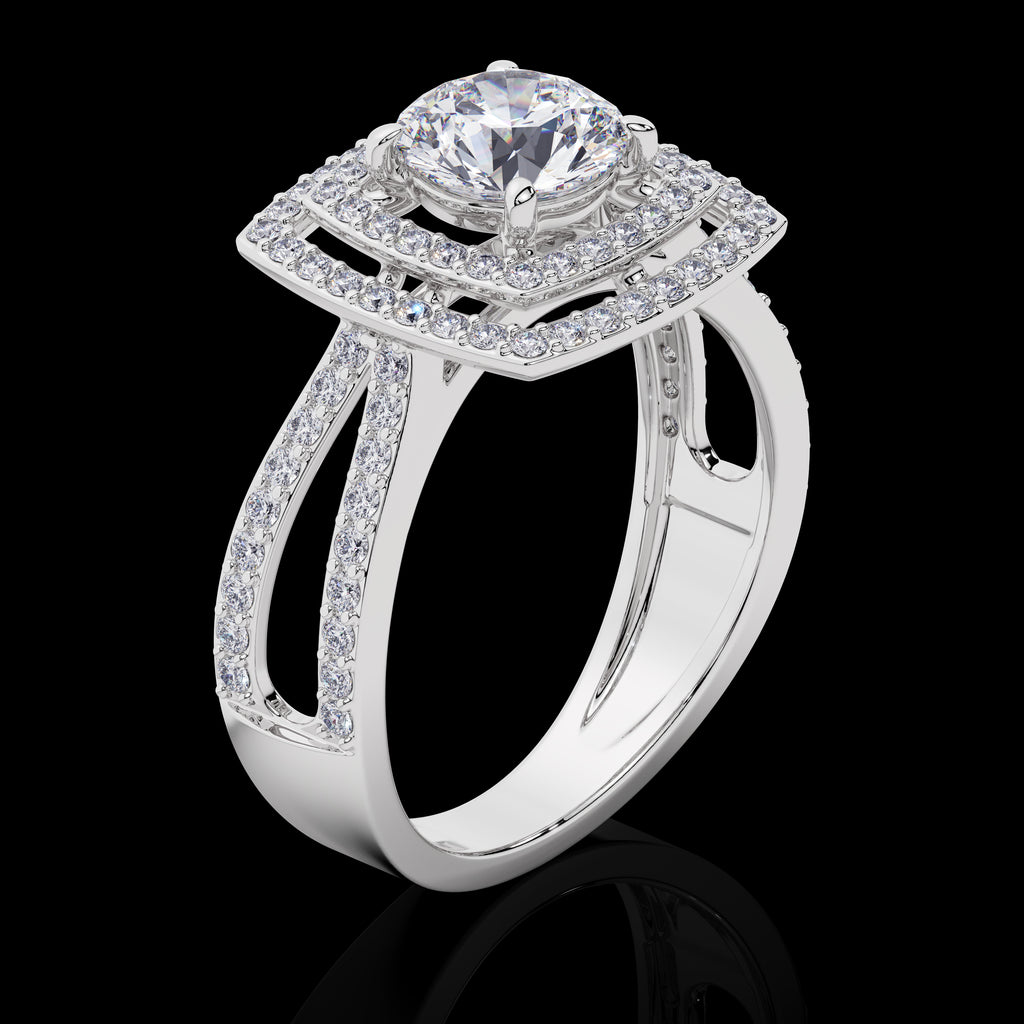 Double Halo Split Shank Engagement Ring
