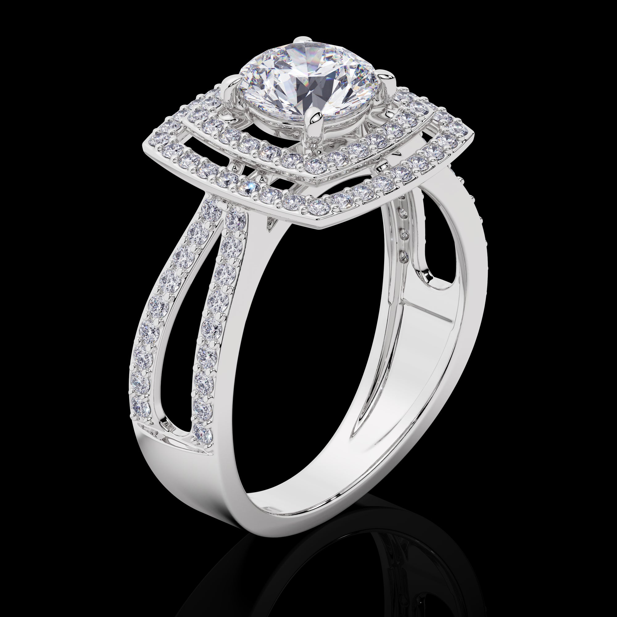 Double Halo Split Shank Engagement Ring