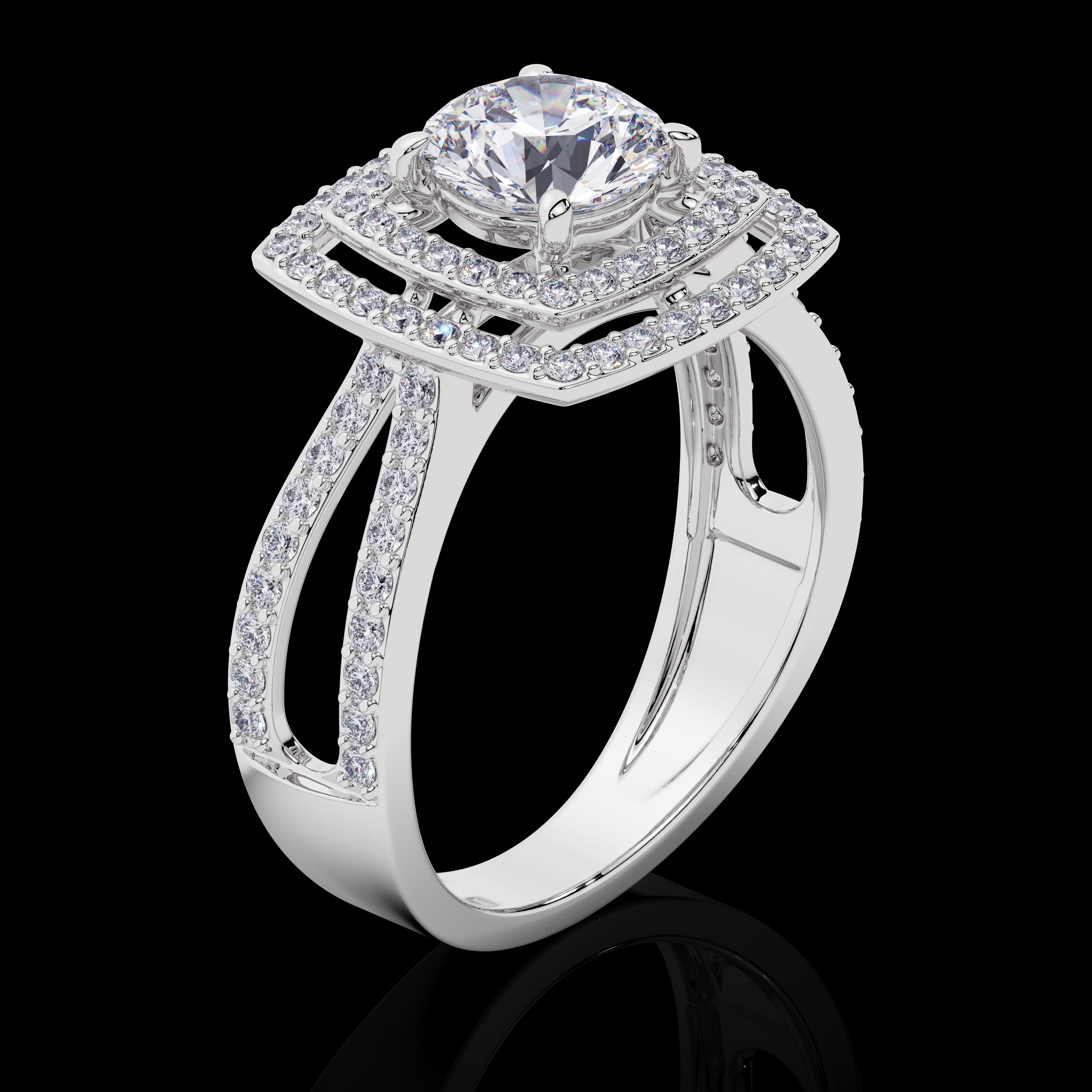 Double Halo Split Shank Engagement Ring