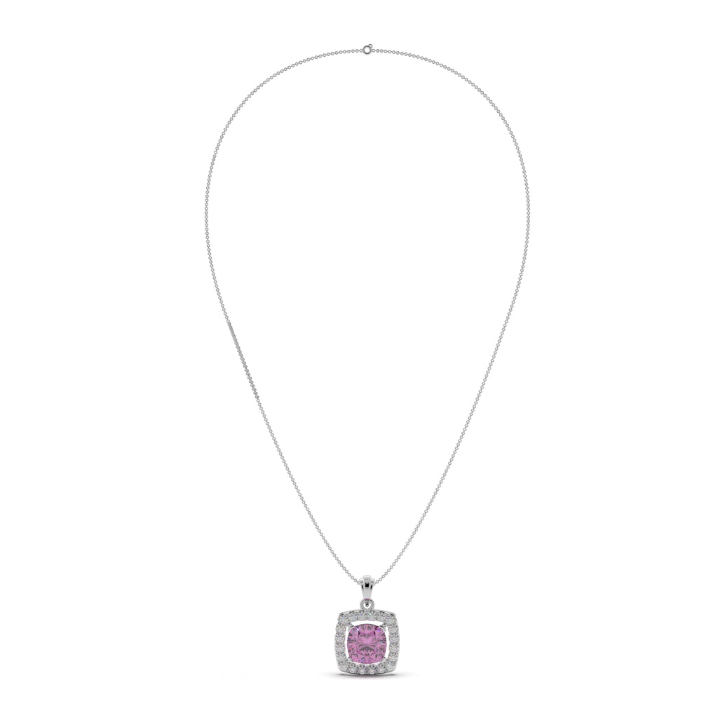 Floral Pink Cushion Cut Silver Pendant