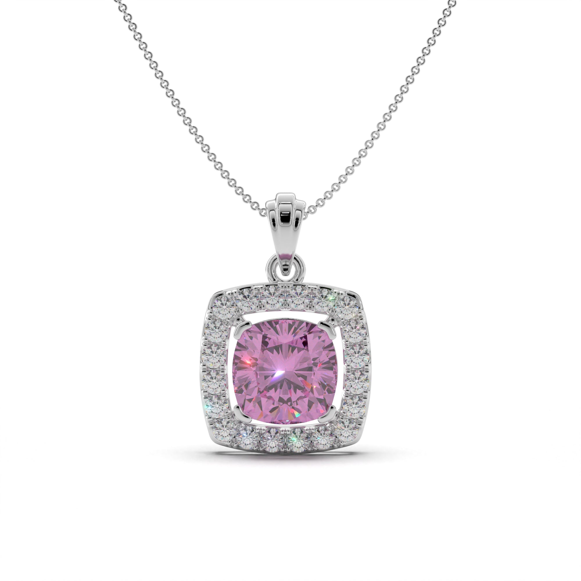 Floral Pink Cushion Cut Silver Pendant