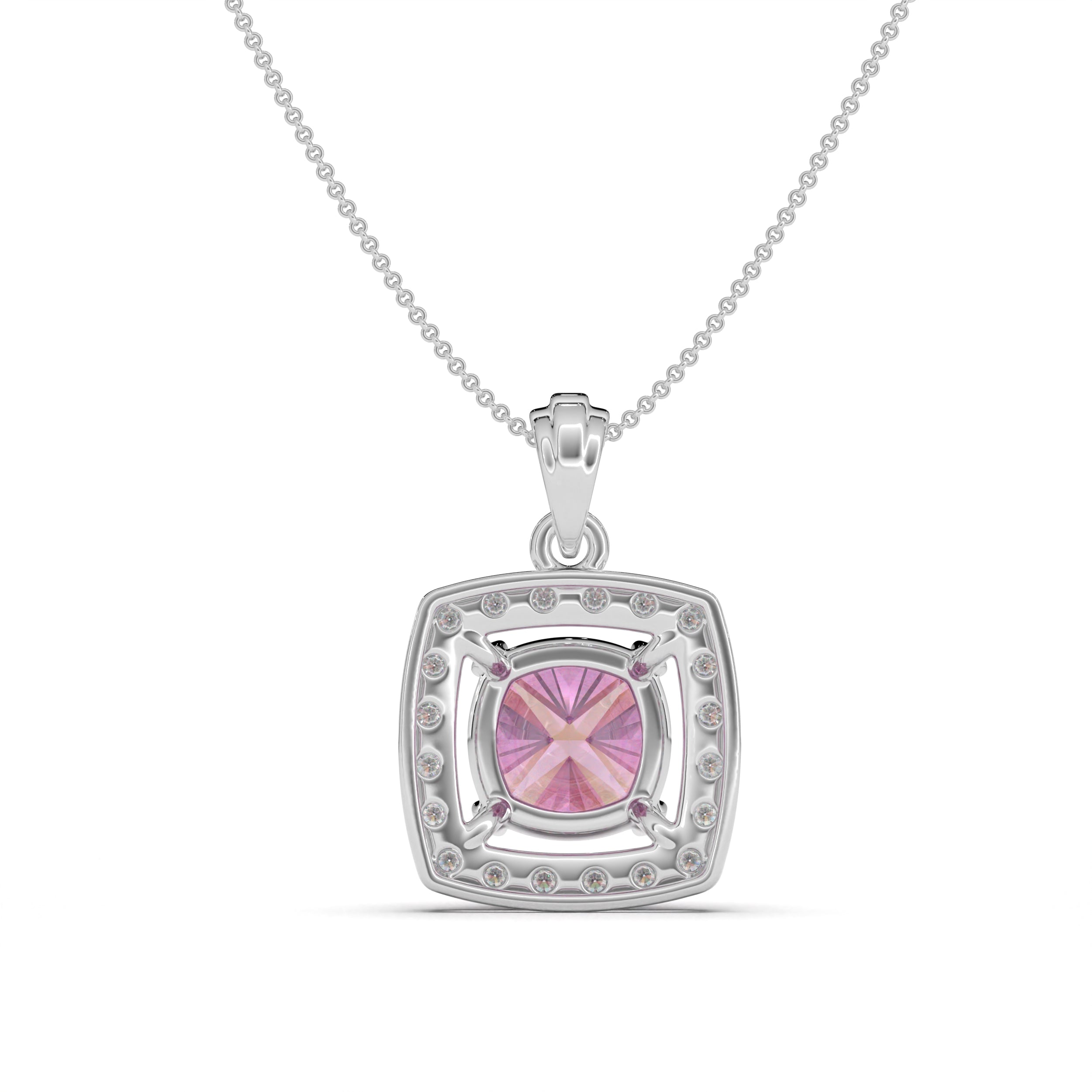 Floral Pink Cushion Cut Silver Pendant