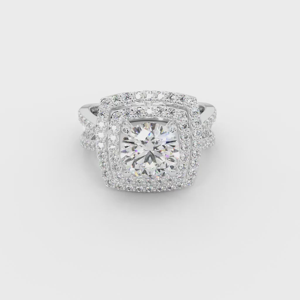 Double Halo Split Shank Engagement Ring