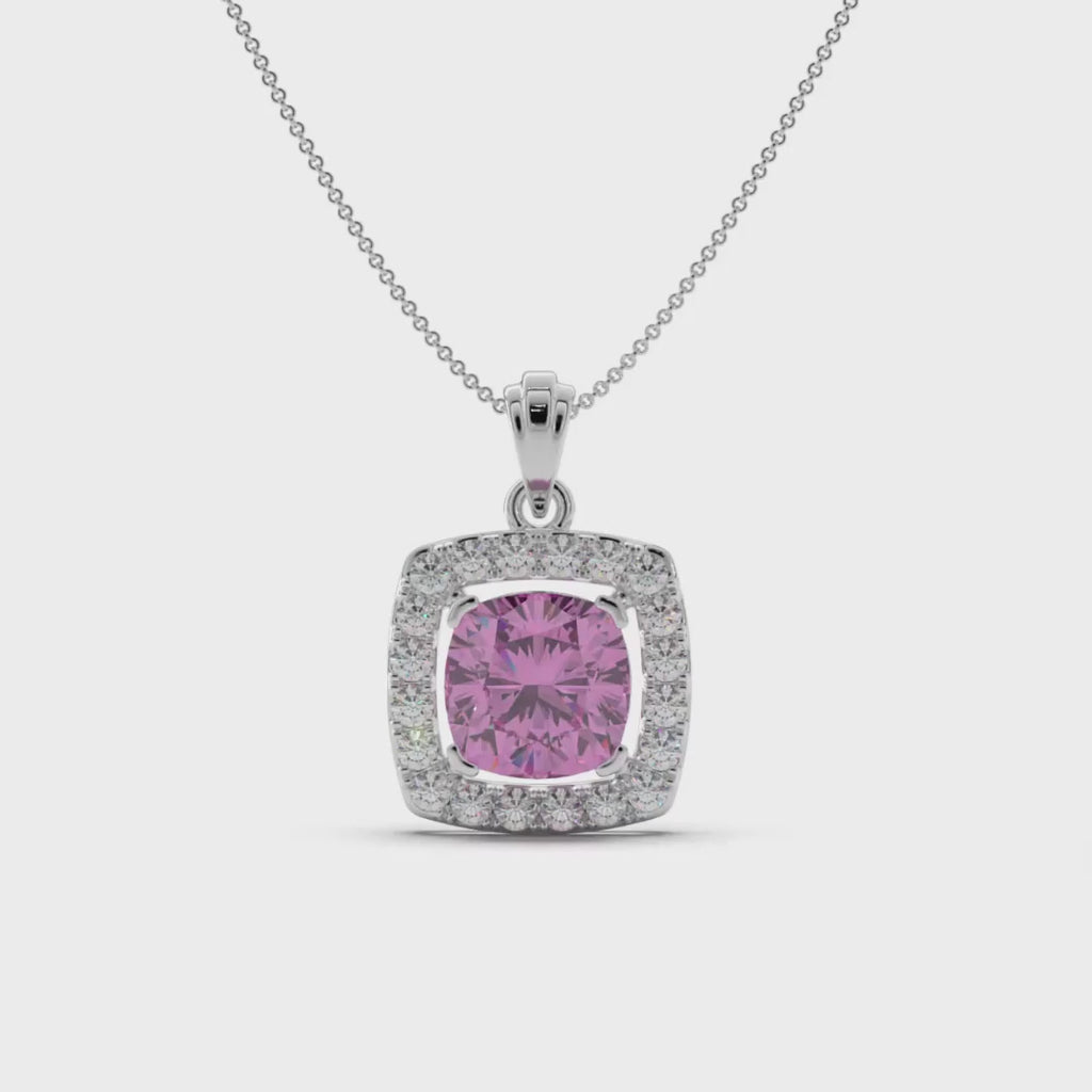 Floral Pink Cushion Cut Silver Pendant